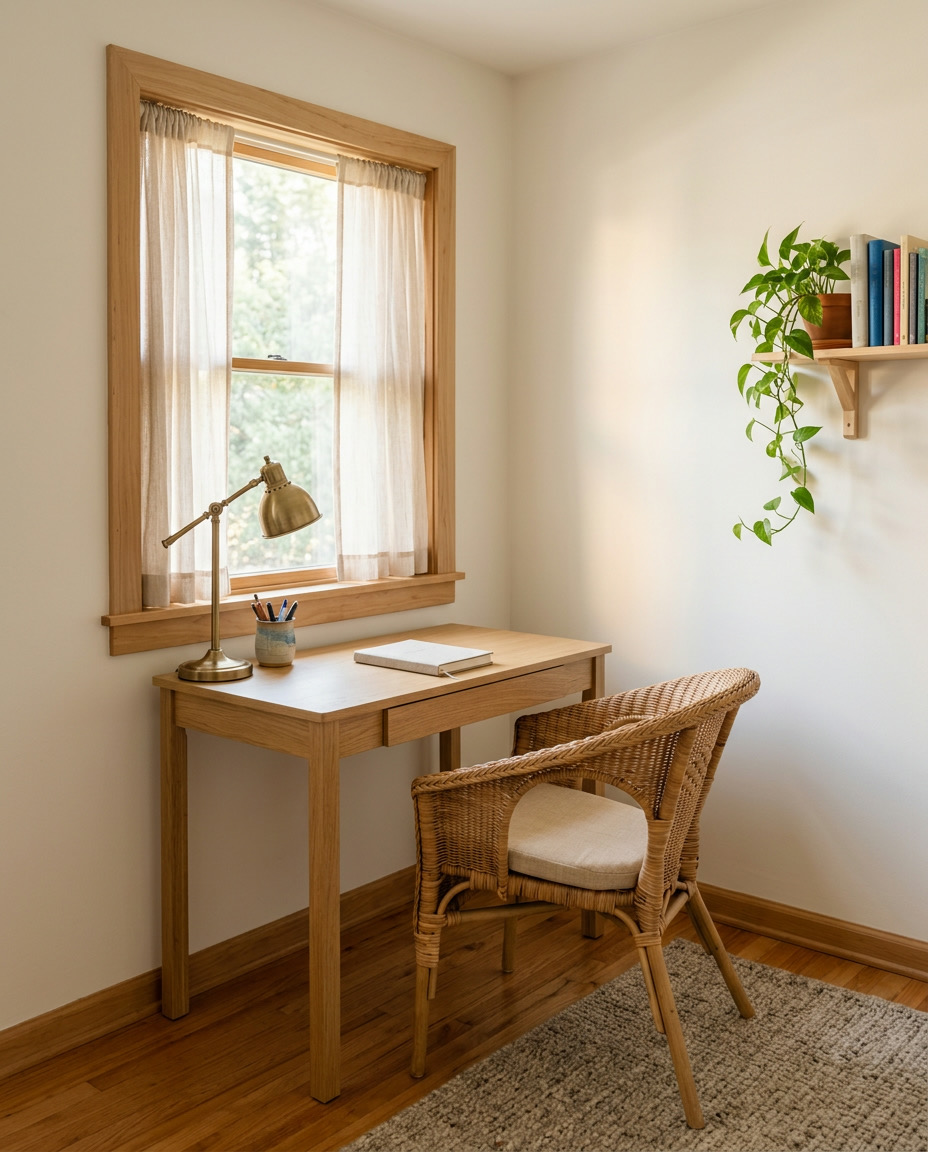 A small oak writing desk under a window with a brass lamp