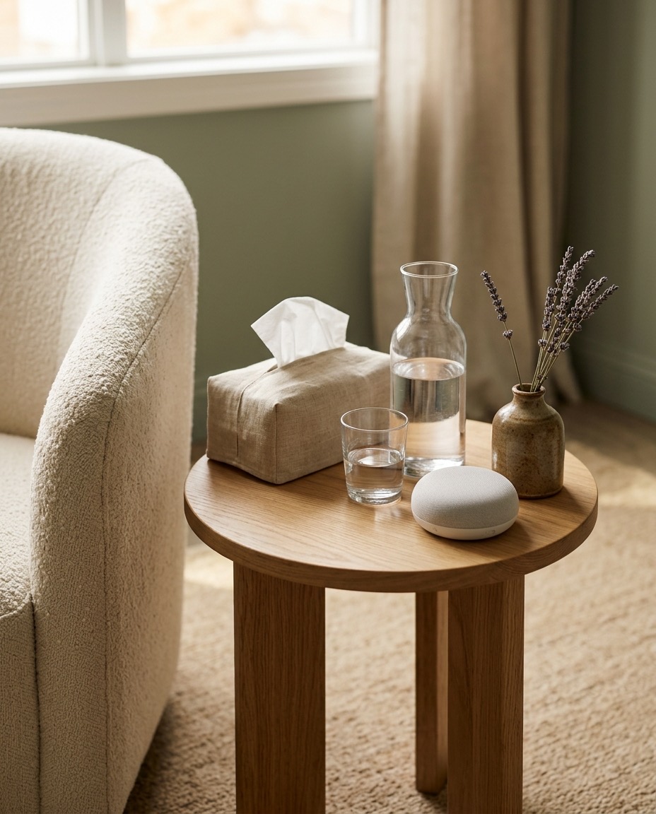 Side table with tissues, water carafe, white-noise machine and lavender