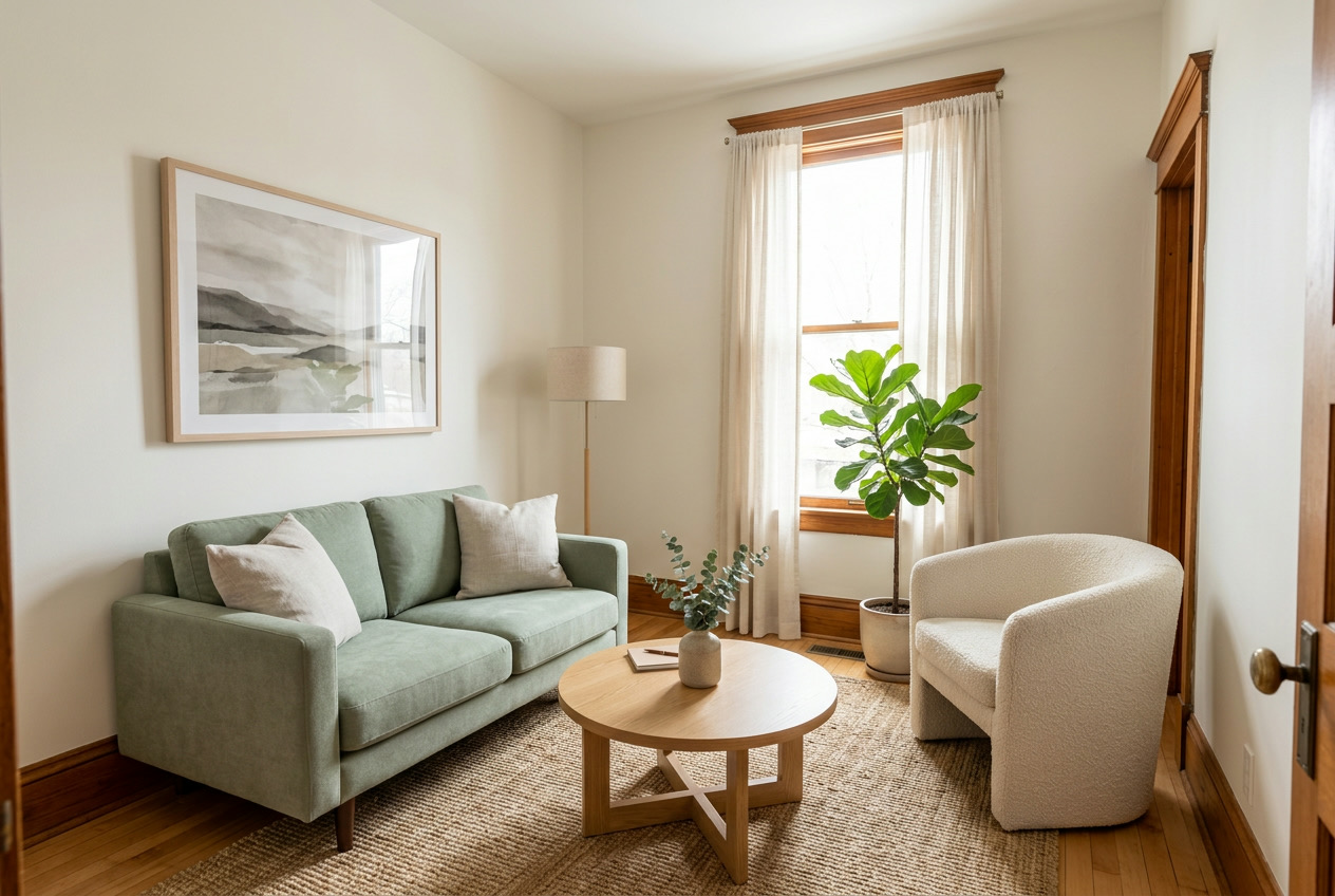 The office: a sage loveseat, cream armchair and round oak table by a tall window