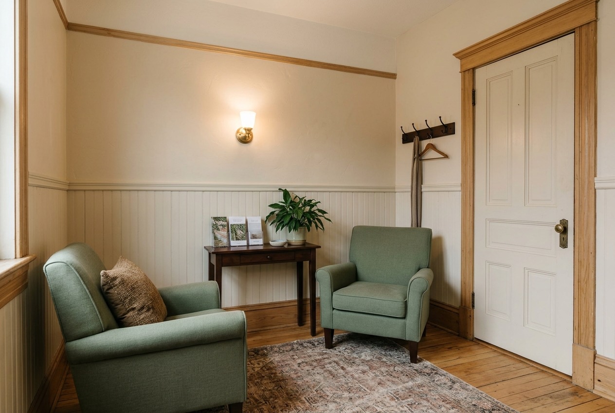 Shared waiting area with two sage armchairs and a coat rack