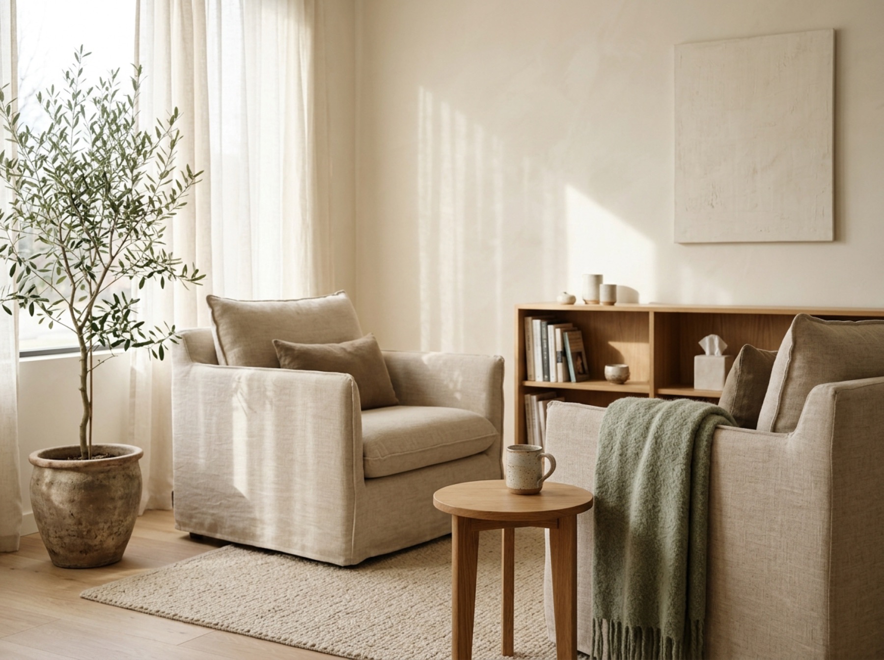 A calm, sunlit therapy room with two armchairs
