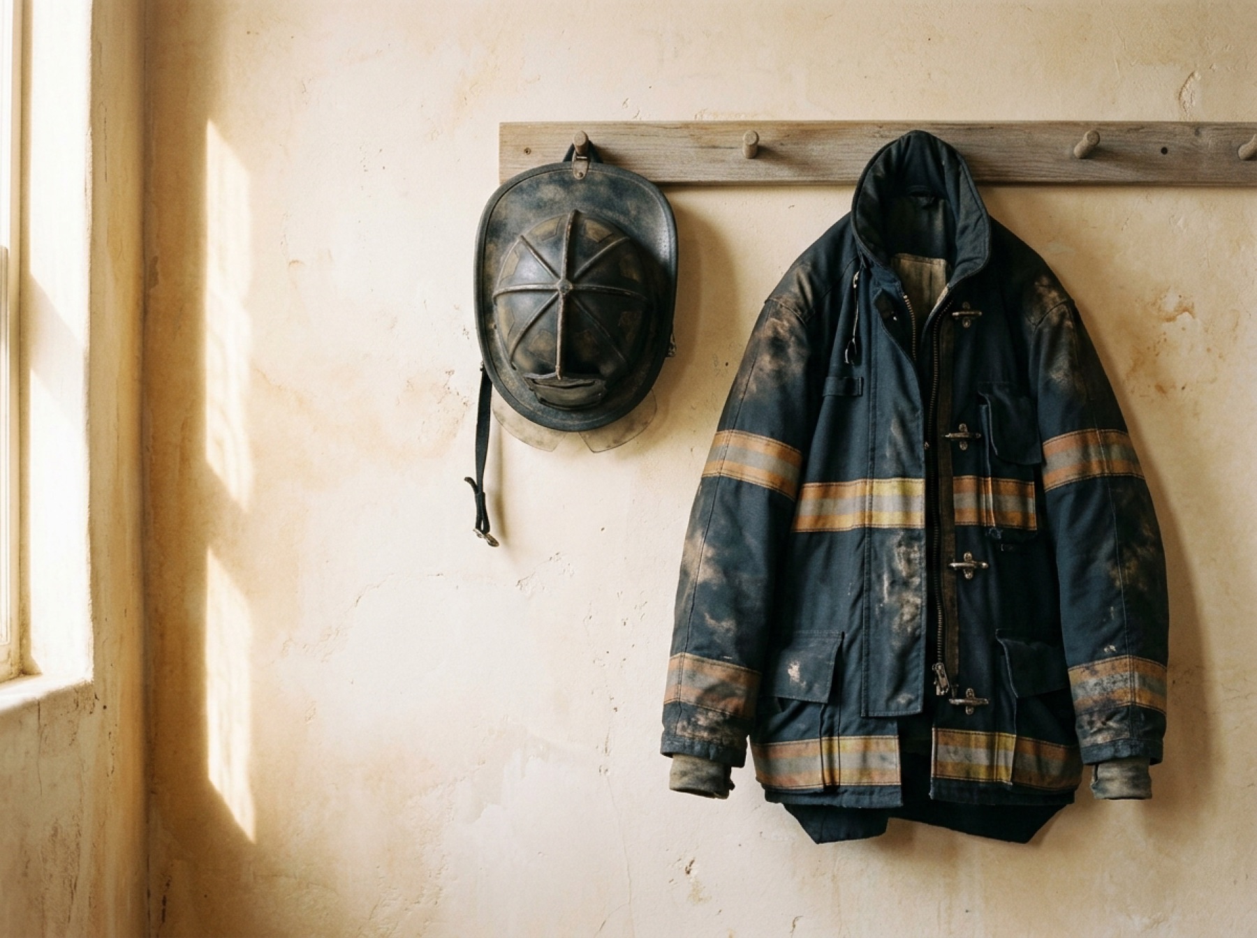 A firefighter's coat and helmet hanging on a wall in morning light